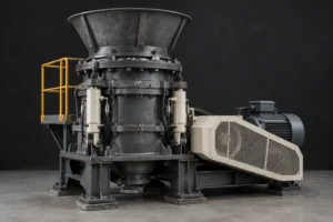 Cone crusher body with hydraulic adjustment cylinders and access platform with amber safety rail