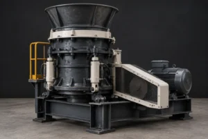 Cone crusher drive side, showing motor, belt guard and bolted base frame on concrete