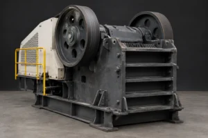 Jaw crusher drive side, showing flywheel, V-belt guard and bolted frame