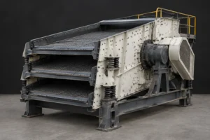 Triple-deck vibrating screen with coil springs, side drive and mesh decks on a steel base frame