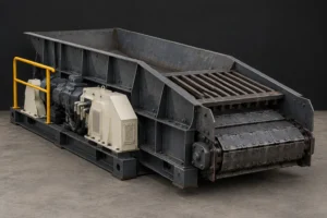 Apron feeder seen from the drive side, showing hopper body, grizzly bars, chain curtain and amber safety rail